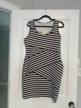 MICHAEL Michael Kors Black and Cream Striped Sleeveless Sheath Dress